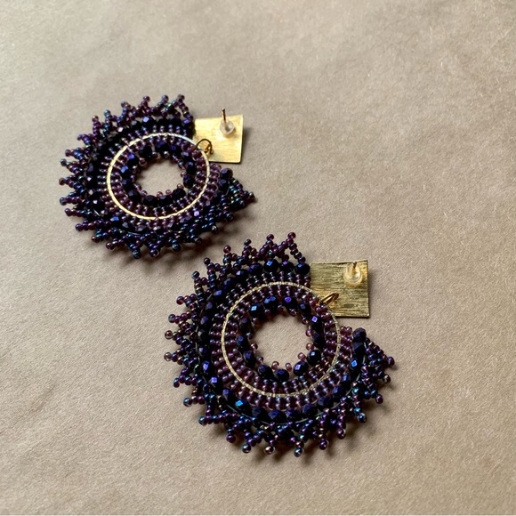 Mexican Beaded Handmade Purple Gold Statement Earrings - Picture 5 of 6
